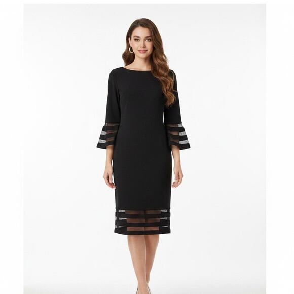 Calvin Klein Dresses & Skirts - NWT Calvin Klein Black Bell Sleeve Sheer Stripe Sheath Midi Dress 6 Cocktail